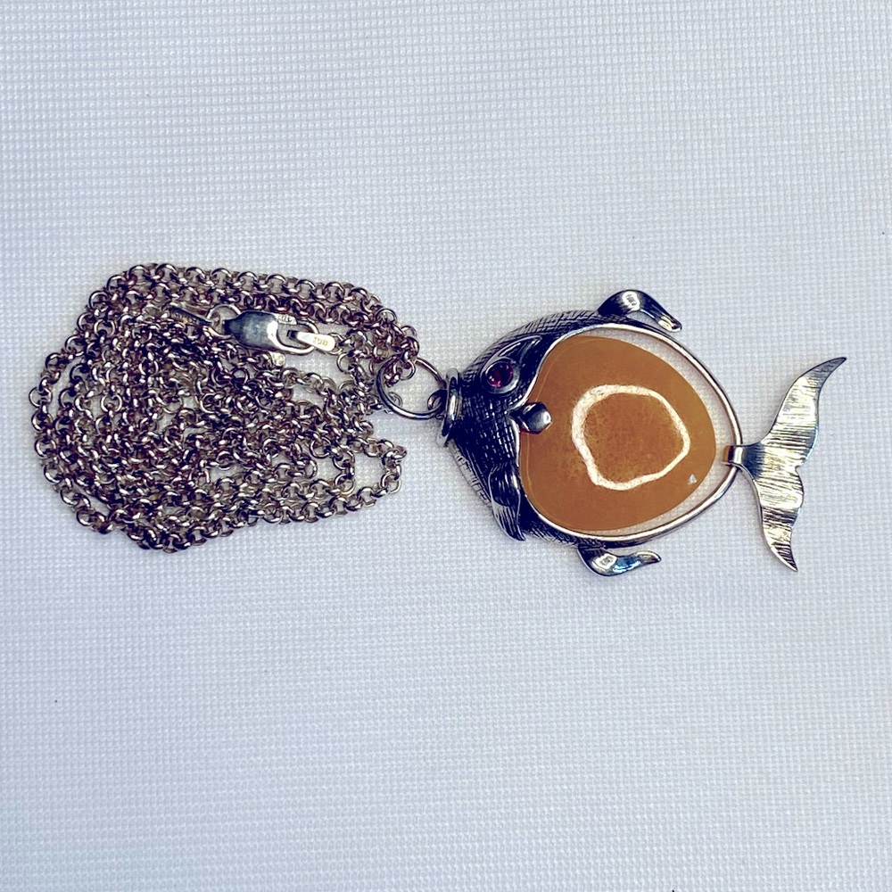 *SOLD* 925 Italian Silver Movable Yellow Jade Fish w/ Garnet Eye